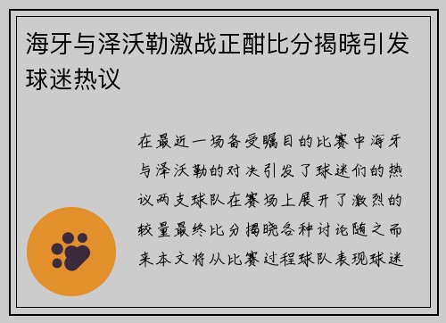 海牙与泽沃勒激战正酣比分揭晓引发球迷热议